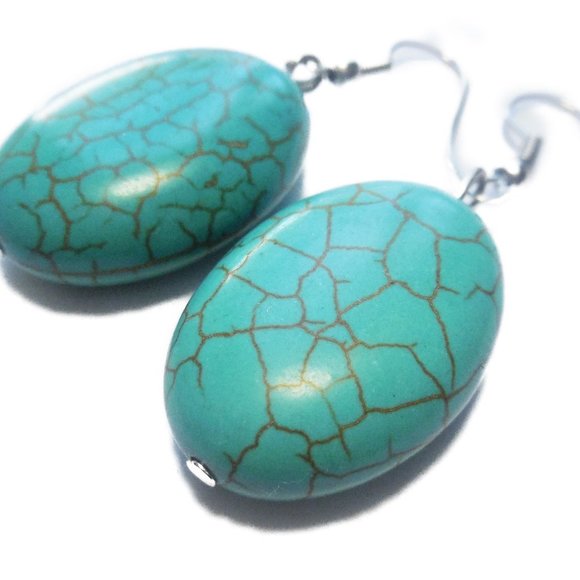 Earrings Natural Turquoise Dangle Oval Jewerly - Picture 2 of 7